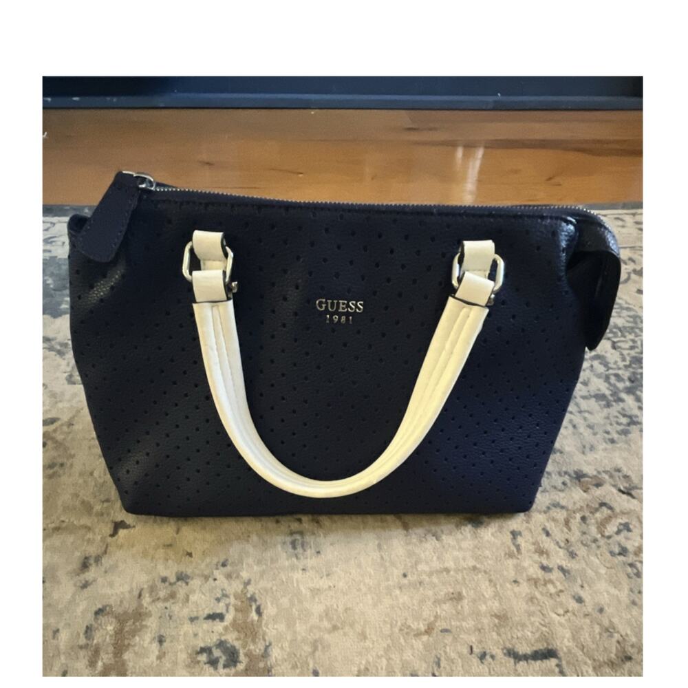 GUESS Women’s Navy Satchel Top Handle Bag Zip Closure White Handles Pebbled